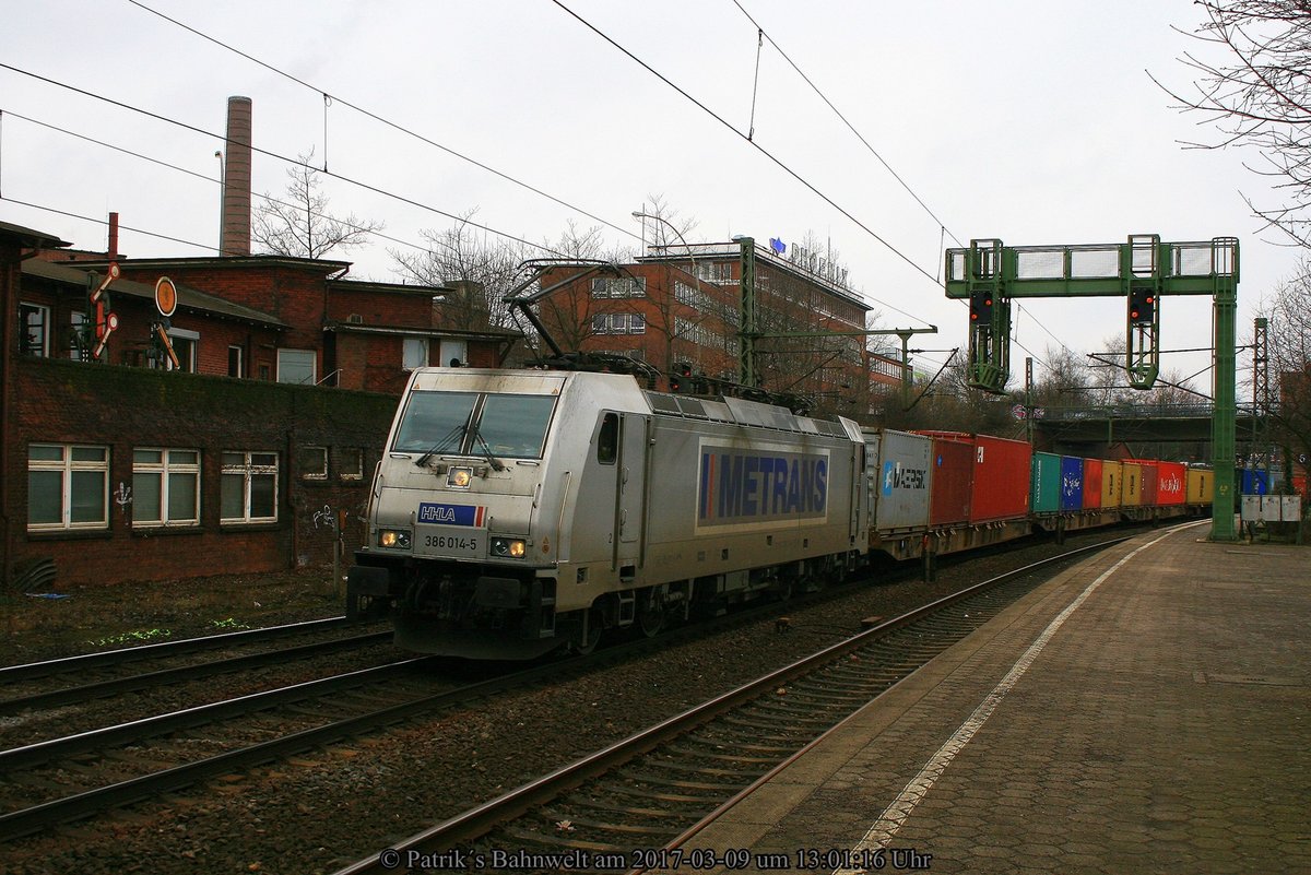 Metrans 386 014 mit Containerzug am 09.03.2017 in Hamburg-Harburg