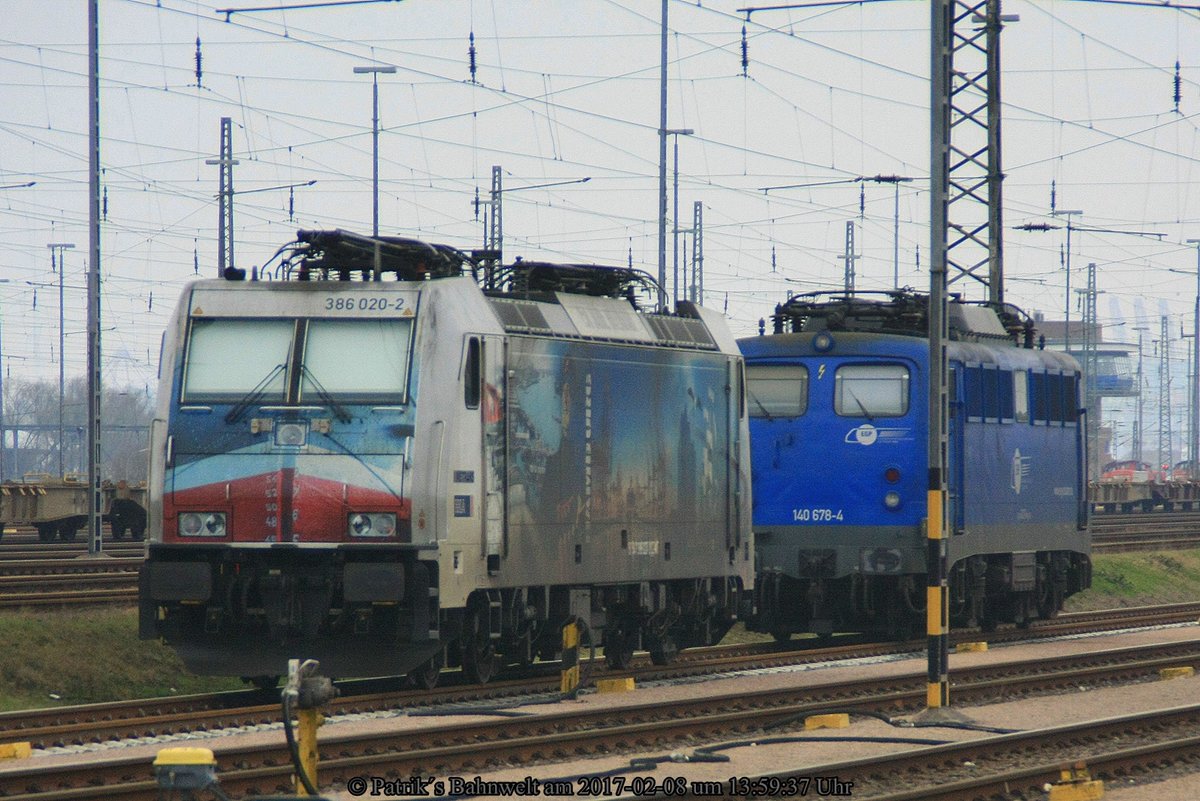 Metrans 386 020  150 Jahre Hafenbahn Hamburg  & EGP 140 678 abgestellt am 08.02.2016 in Hamburg-Harburg