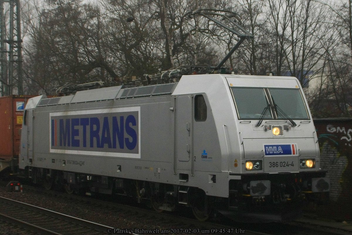 Metrans 386 024 mit Containerzug am 03.02.2017 in Hamburg-Harburg
