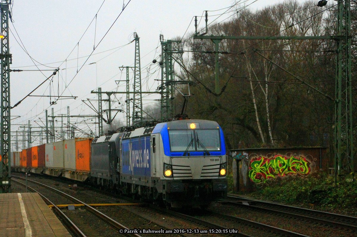 boxXpress 193 843 mit Containerzug am 13.12.2016 in Hamburg-Harburg