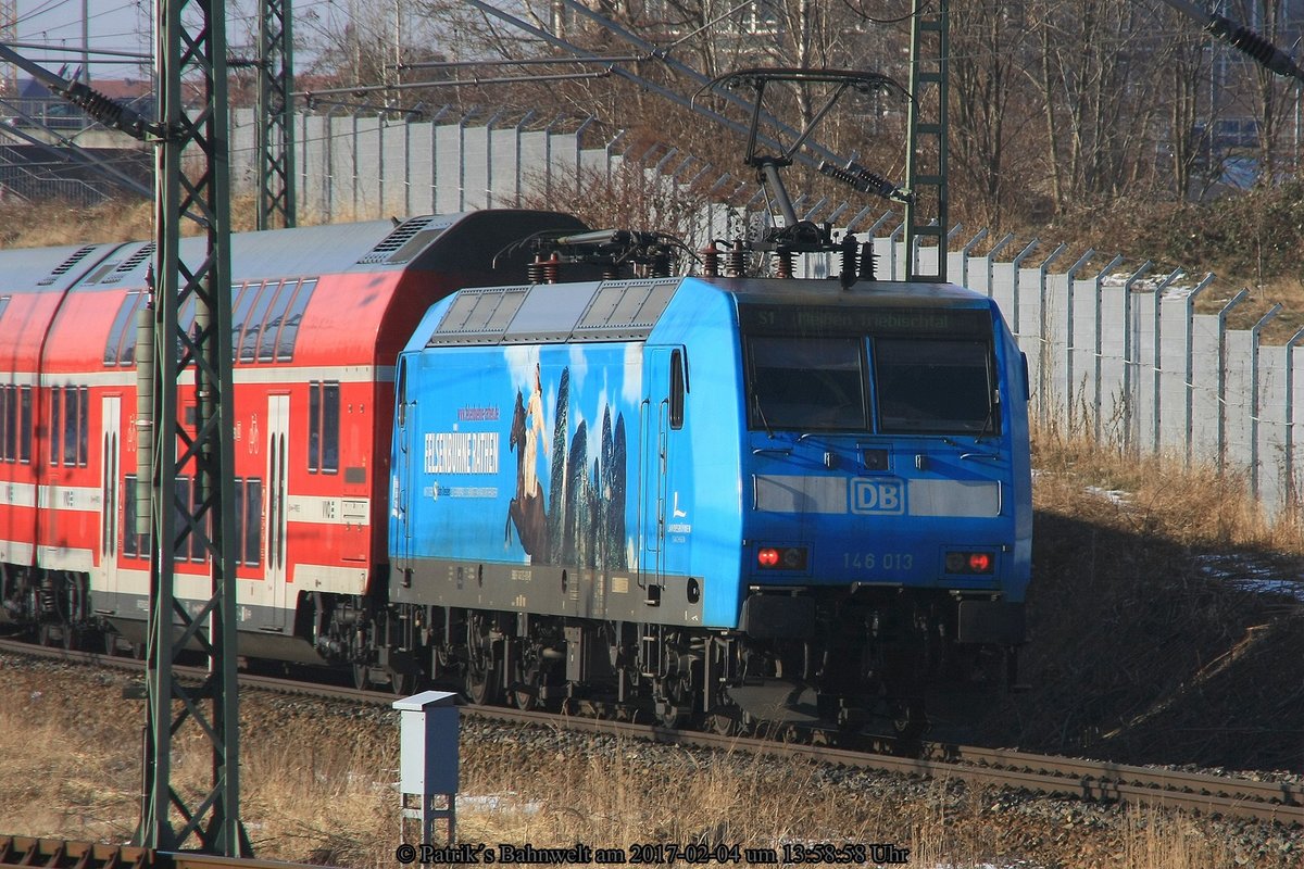 DB 146 013 schiebt S1 nach Meißen am 04.02.2017 in Dresden Hauptbahnhof