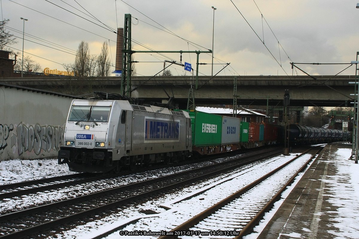 Metrans 386 002 mit Containerzug am 17.01.2017 in Hamburg-Harburg