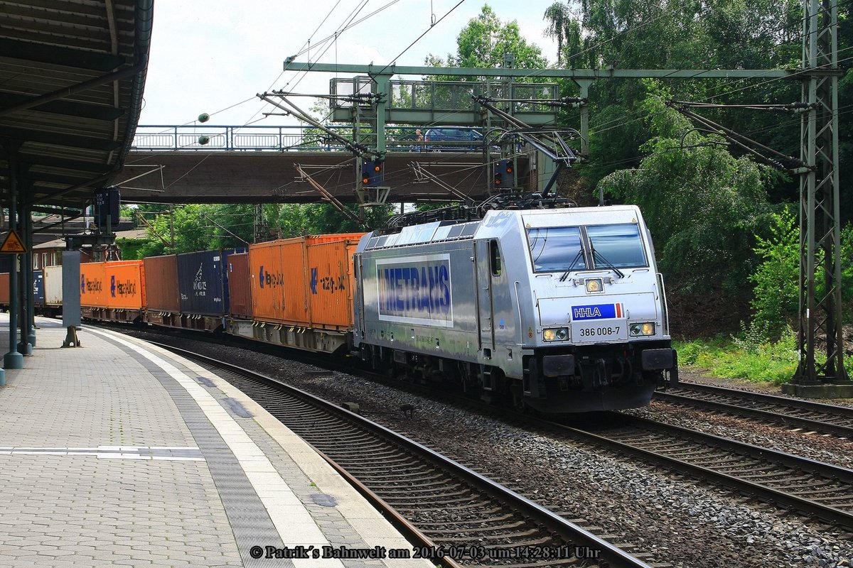 Metrans 386 008 mit Containerzug am 03.07.2016 in Hamburg-Harburg auf dem Weg Richtung Hamburg-Waltershof