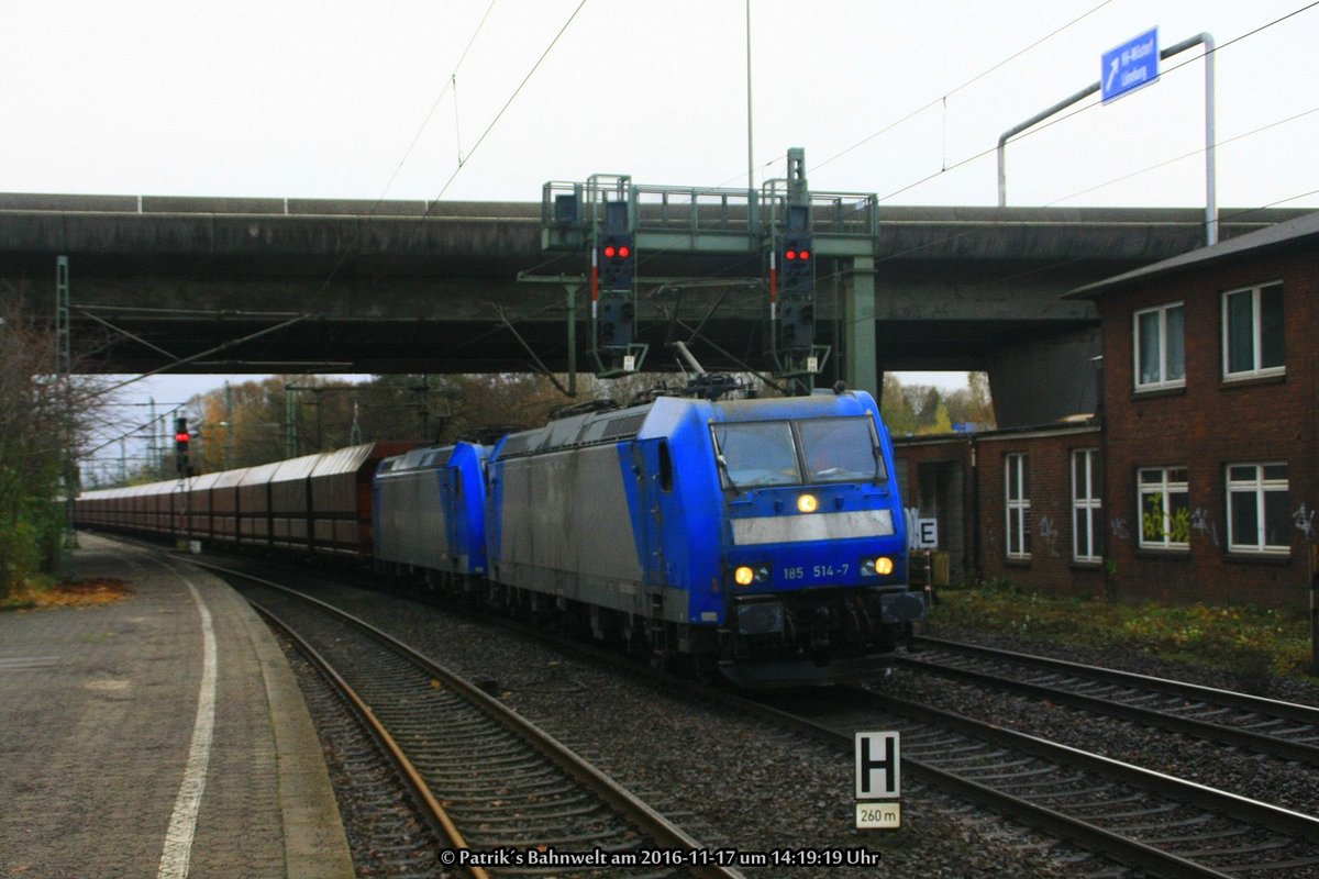 VPS 185 514 + VPS 185 516 mit Kohlewagenzug am 17.11.2016 in Hamburg-Harburg