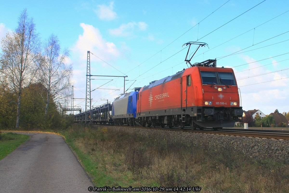 XRAIL 185 596 + XRAIL 185 xxx mit Autotransportzug am 29.10.2016 in Dedensen-Gümmer auf dem Weg Richtung Osten